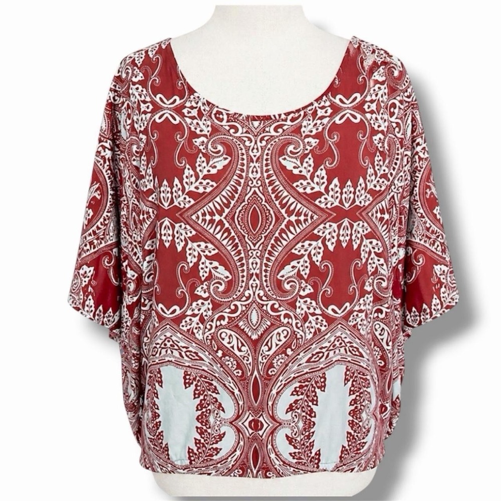 Alya Red and Blue Paisley Print Dolman Sleeve Top Sz M